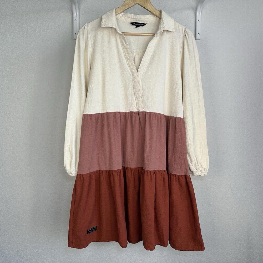 M Womens Simply Southern Block Dress Long Sleeve Mini Dress Cream Pink Rusty Red